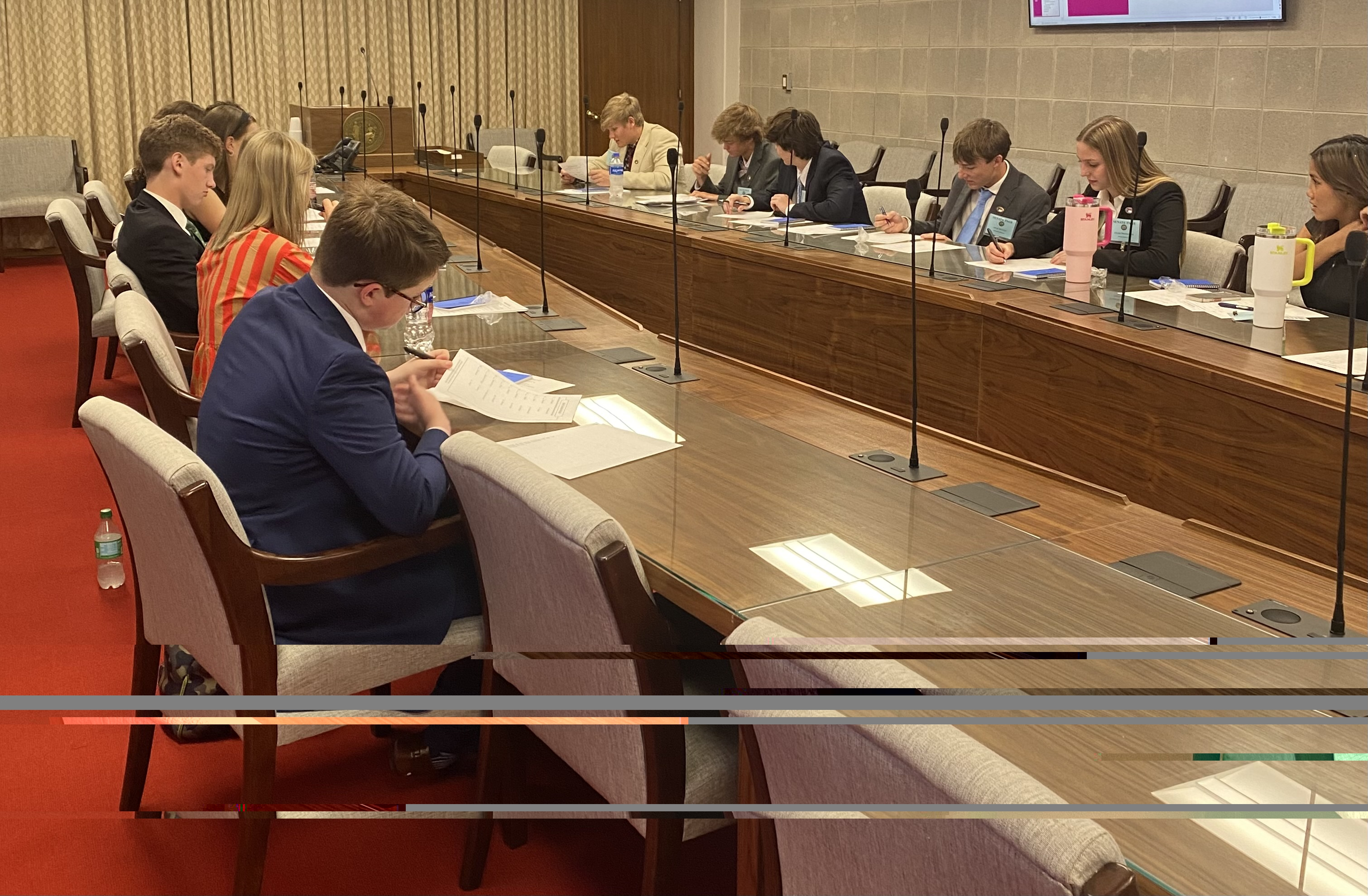 Pages seated at long table with microphones in committee room, looking at papers.